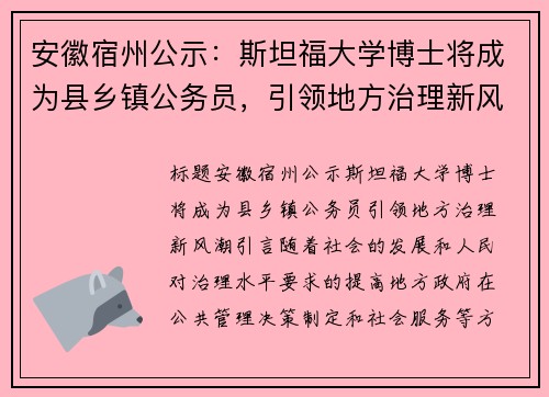 安徽宿州公示：斯坦福大学博士将成为县乡镇公务员，引领地方治理新风潮