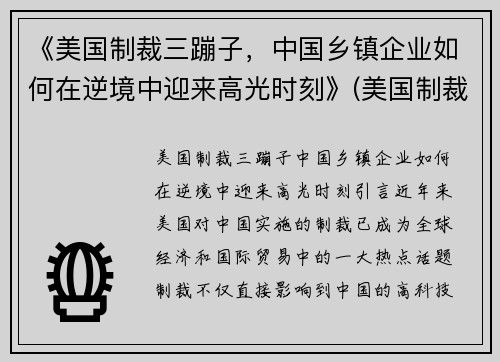 《美国制裁三蹦子，中国乡镇企业如何在逆境中迎来高光时刻》(美国制裁34家)