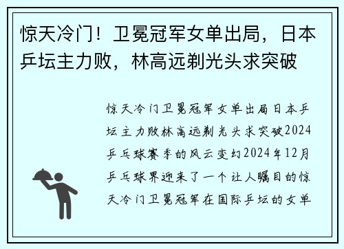 惊天冷门！卫冕冠军女单出局，日本乒坛主力败，林高远剃光头求突破