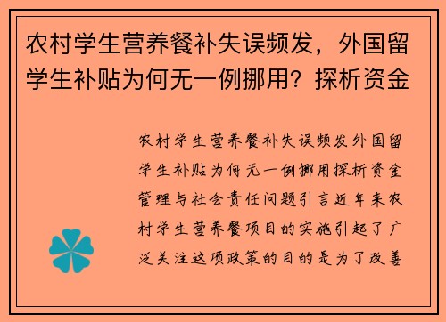 农村学生营养餐补失误频发，外国留学生补贴为何无一例挪用？探析资金管理与社会责任问题