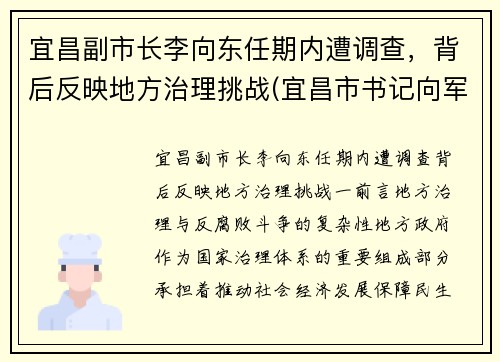 宜昌副市长李向东任期内遭调查，背后反映地方治理挑战(宜昌市书记向军)