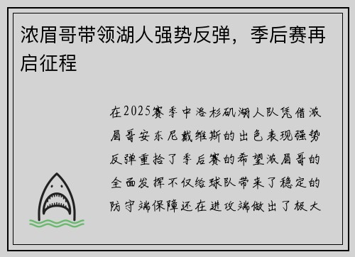 浓眉哥带领湖人强势反弹，季后赛再启征程