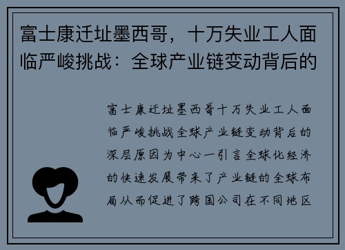 富士康迁址墨西哥，十万失业工人面临严峻挑战：全球产业链变动背后的深层原因