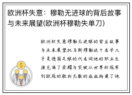 欧洲杯失意：穆勒无进球的背后故事与未来展望(欧洲杯穆勒失单刀)